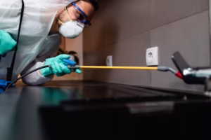 A professional exterminator wearing protective gear while spraying a treatment indoors, representing expert pest control services in Cedar Hill.